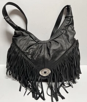 Vintage Retro Black Leather Silver Concho Fringe Shoulder Crossbody Bag - Image 1 of 4
