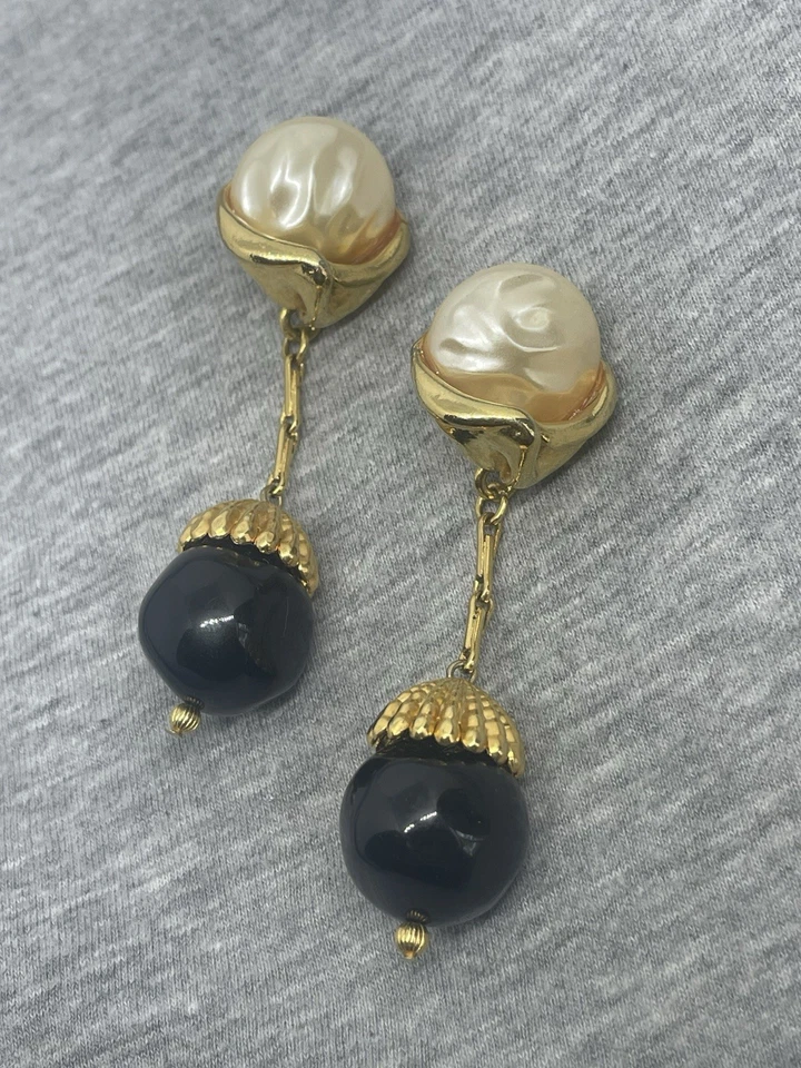 Vintage Signed Robert Rose Faux Pearl Black Bead GoldTone Post Dangle Earrings - Image 1 of 4