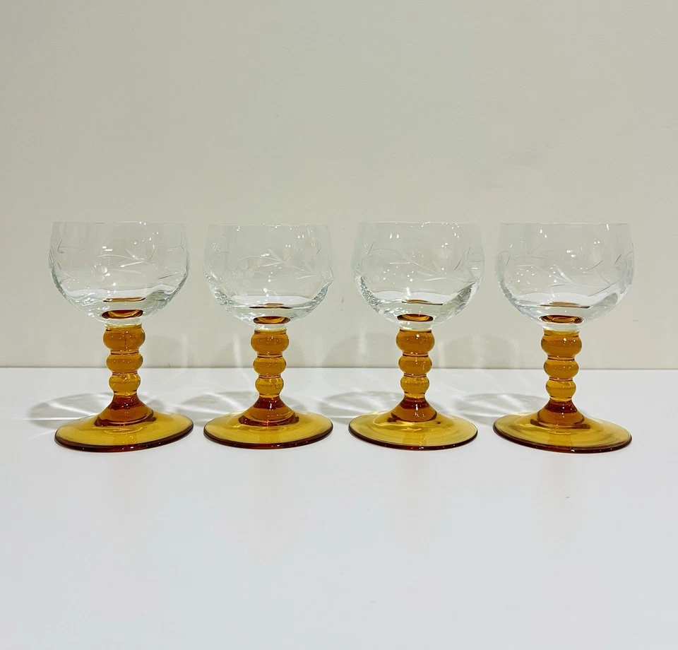 "Copas de vino de colección German Roemer 4"" ámbar con vástago de burbuja grabado vid de uva 4 piezas" Foto 1 de 4