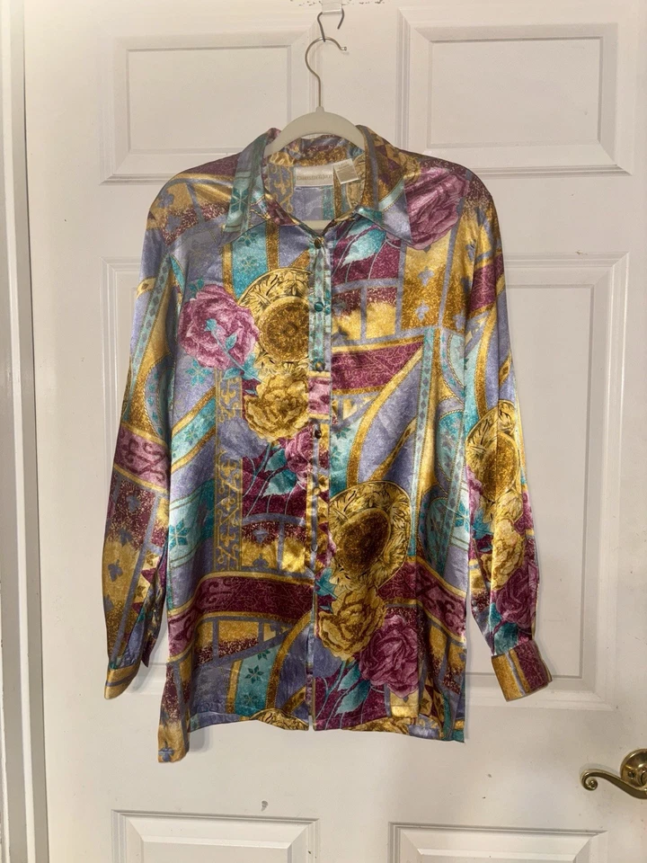 Blusa Christie & Jill vintage para mujer talla L satinada floral geométrica carrera Foto 1 de 4