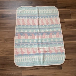 Vintage Biederlack ? Pastel Baby Blanket Ducks Rabbits Tulips Houses - Picture 1 of 7