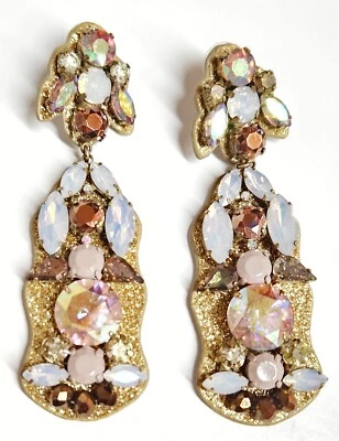 J.Crew Crystal Cluster Leather Statement Earrings Iridescent Multi Light Gold Ox - Image 1 of 4