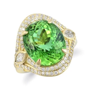 Natural Green Tourmaline 13.69cts set in 18K Yellow Gold Ring with 1.02cts Dia - Picture 1 of 3