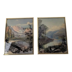 Vtg Reverse Painted Convex Glass Mountain River Scenery Pictures 8 x 6 Set Of 2 - Picture 1 of 10