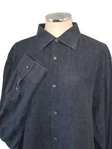 Hickey Freeman Button up Shirt Mens XXL 100% Linen Dark Blue Long Sleeve 2XL