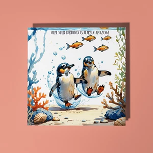 Handmade funny penguins underwater Amazing Happy Birthday Card Envelope - Picture 1 of 10