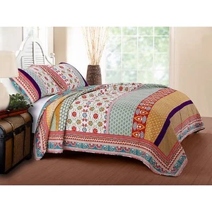 NEW! ~ COZY CHIC BLUE GOLD TEAL GREEN WHITE AQUA RED BOHO BOHEMIAN QUILT SET - Picture 1 of 5