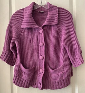 J. JILL Sweater Knit Cardigan PURPLE Pocket BUTTON UP Heavy Knit sz Small Petite - Picture 1 of 8
