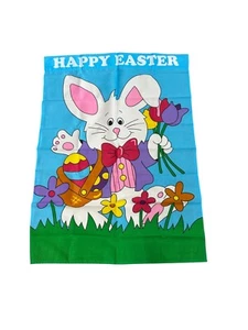 VTG Happy Easter Yard Garden Flag Bunny Rabbit Basket Eggs Flowers Outdoor - Picture 1 of 9