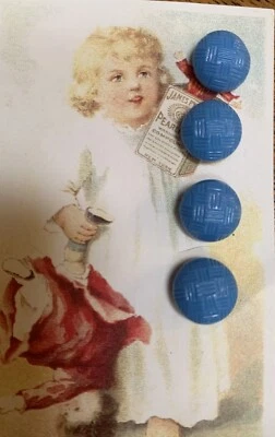 Vintage  Set Of 4 Blue Faux Fabric look 1/2” Glass Buttons~ NOS - Image 1 of 2