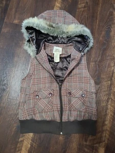 Women's M Vest Nori plaid Jacket Fur Hood brown Lining SKU# G - Picture 1 of 9