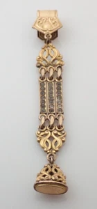 Antique Gold Filled Fancy Rhinestone Pocket Watch Vest Chain w/ Filigree Fob - Picture 1 of 11