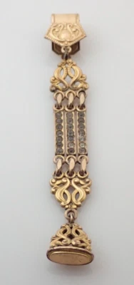 Antique Gold Filled Fancy Rhinestone Pocket Watch Vest Chain w/ Filigree Fob - Image 1 of 4