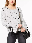 Maison Jules XL Gray Black Polka Dot Stretch Knit Bell Sleeve Bow Chic Top Shirt