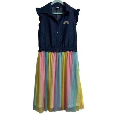 Vestido Dulce Mariposa Niñas L 14/16 Denim Tul Arco Iris En Niveles Divertido Foto 1 de 4
