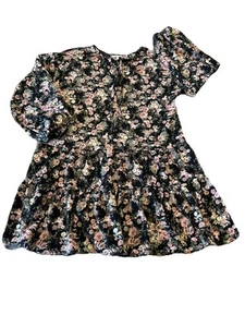 Maurices Black Floral Midi Dress Tiered Short Sleeve Pullover Ties Dark Feminine - Picture 1 of 10