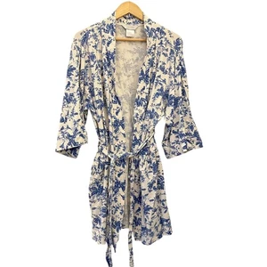 Accappatoio con cintura Crabtree ed Evelyn blu bianco floreale cotone uccellini Cottagecore L - Foto 1 di 5