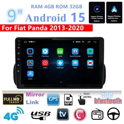 9'' 1 Din Android 15 4GB＋32GB Car Stereo Radio GPS Nav For Fiat Panda 2013-2020 - Image 1 of 4