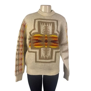 Pendleton Mens Beige Wool Sweater Multicolor Native American Print Size M - Picture 1 of 8