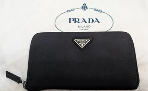 PRADA Logo Plate Nylon Zip Around Long Wallet Black Credit Card - Picture 1 of 5