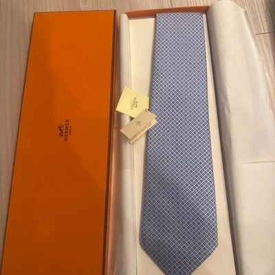 HERMES New Unused Neck Tie Blue Gray Check 100%Silk Made in France - Image 1 of 4