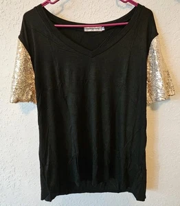 Women's Sequin Short Sleeve V Neck Tee Shirt-Large-Black w/ Gold Sleeves-New - Picture 1 of 5