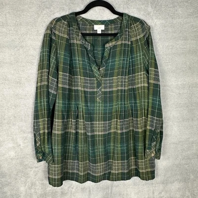 J Jill Top Womens 1X Green Plaid Long Sleeve Popover Comfort V Neck Tunic - Image 1 of 4