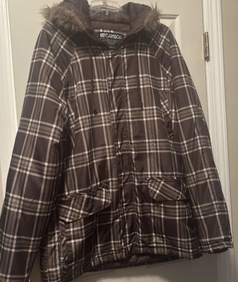 Abrigo para mujer Carbon38 grande marrón a cuadros cremallera completa y broches de presión imitación sherpa con capucha Foto 1 de 4