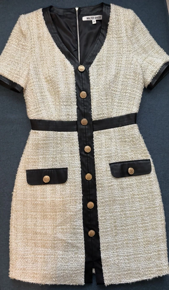 Vestido para mujer Walter Baker de cuero tweed con flecos cuello en V talla 6 multicolor Foto 1 de 4