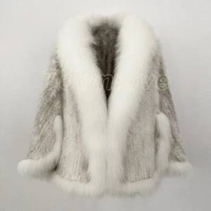 Womens 100% Real Mink Fur Knit Cape Coat Fox Fur Trim Shawl Poncho Wraps Wedding - Picture 1 of 28