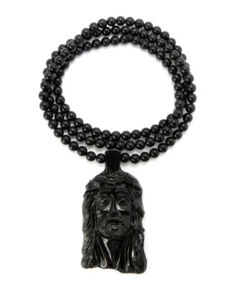 Jesus Face Pendant 8mm 36" Plastic Bead Hip Hop Necklace Black Tone GA31BK - Image 1 of 2