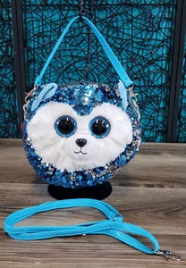 TY SLUSH Husky Dog Flippy Sequin Purse Beanie Boo Plush Bag 2018 2 DETACH STRAPS - Picture 1 of 10