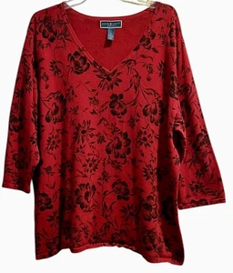 Karen Scott Whimsy Goth Sweater Size 3X Black Red Floral V Neck Cottagecore - Picture 1 of 5
