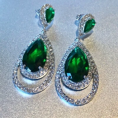 18k White Gold Plated Lab Green Emerald Drop Chandelier Earrings Christmas Gift - Image 1 of 4