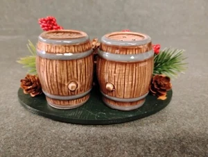 MINI SALT AND PEPPER SHAKERS ON HANDCRAFTED BASE... BOURBON / WHISKEY BARRELS - Picture 1 of 4