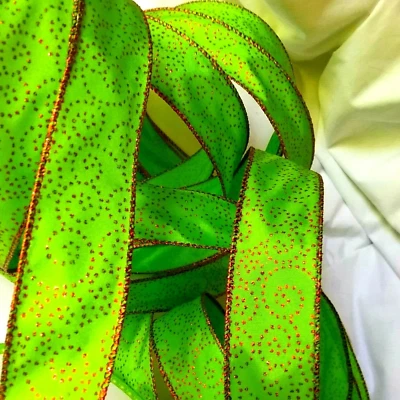 Lime Green 1.5" x 4 yd Rustic Red Glitter Dot Swirls Wired Ribbon Elf Christmas - Image 1 of 3