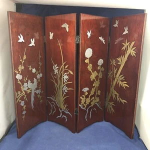 Japanische Tischplatte Klappschirm Metall Intarsien Vogel Blume 4 Platten 16,5 in Vintage - Bild 1 von 24