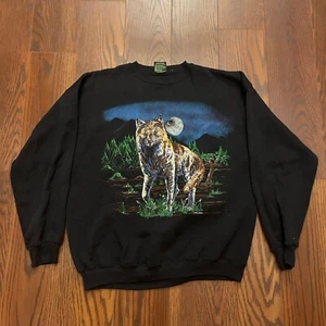 VINTAGE 90s Y2K TSI Black Wolf Wolves Sweatshirt Crew Neck Size XL Made In USA - Picture 1 of 10