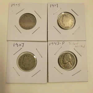 1943 P silver nickel and 3 Liberty V Nickels 1905, 1907, free shipping - Imagen 1 de 10