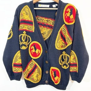 VTG Chaus | Blue and Gold Cardigan SweaterRegal Royalty Patches Size Medium - Picture 1 of 19