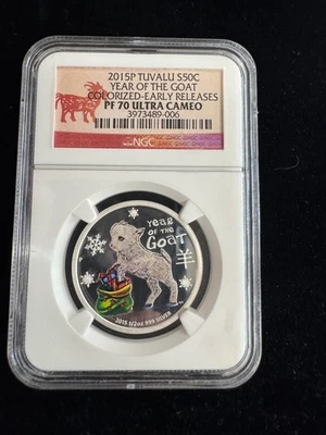 2015 P Tuvalu  PROOF COLORIZED Silver Lunar Year of the Goat NGC PF70 1/2oz Coin - Image 1 of 2