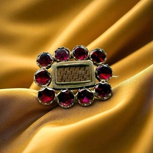 Antique Georgian 9ct Morning Jewelry Brooch 1880’s Garnet Weaved Hair  C Clasp - Picture 1 of 6