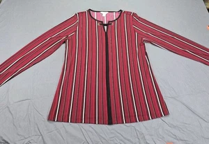 Liz Claibourne Womens Blouse Large LS Red White Black Stripe - Picture 1 of 11