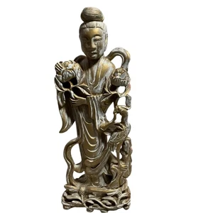 Vintage Guan Yin Bodhisattva Figurine Lotus Flowers & Crane H 16.25" Clay - Picture 1 of 9