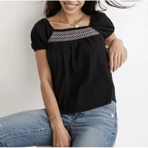 Madewell schwarz strukturiert Strick bestickt Puffärmel quadratischer Ausschnitt Top Gr. Medium - Bild 1 von 6