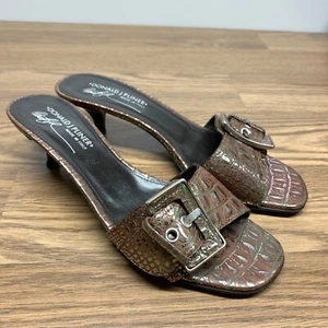 Donald J Pliner Italy Kinzy Kitten Heels Mules Brown Croc Print Buckle 8.5M - Picture 1 of 12