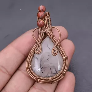 Natural Black Rutilated Cabochon Copper Wire Wrap Pendant Handcrafted Jewelry - Picture 1 of 6