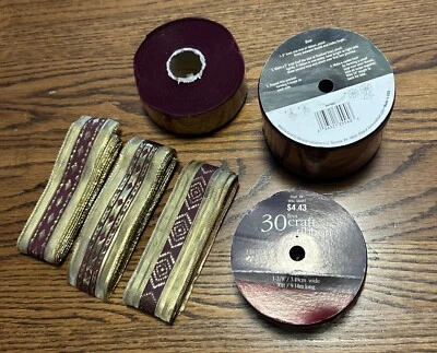 3 Holiday Time Spools of Burgundy Velvet 1.5” and 3” Plus Gold/burg - Image 1 of 4