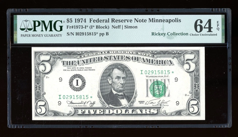 DBR 1974 $5 FRN Minneapolis STAR Fr. 1973-I* PMG 64 EPQ Serial I02915815* - Image 1 of 2