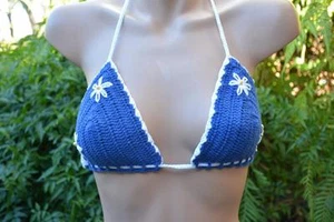 NEW HALTER Top Dark Blue Crochet BIKINI TOP. Adjustable Size Medium RETRO STYLE. - Picture 1 of 1
